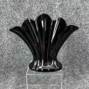 Vintage MCM Black 6.5” Fan Shaped Ceramic Vase Unmarked